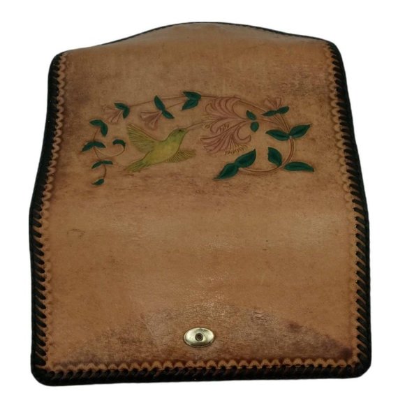 Vintage Wallet Hand Tooled Leather Wallet Hummingbird Floral Scene Whipstitched - Picture 4 of 10